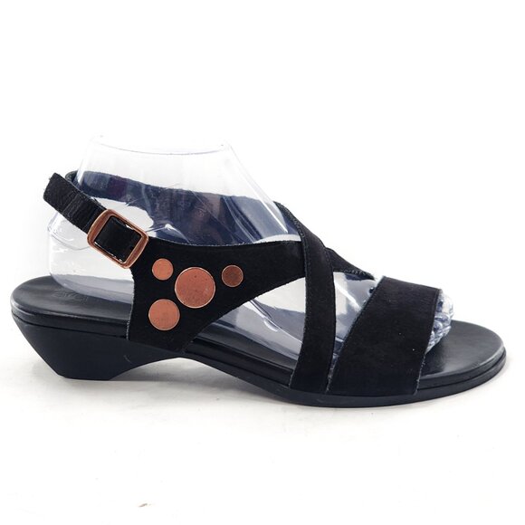 ARCHE Obos Nubuck Rose Gold Studs Criss Cross Slingback Sandals Black - Picture 2 of 7